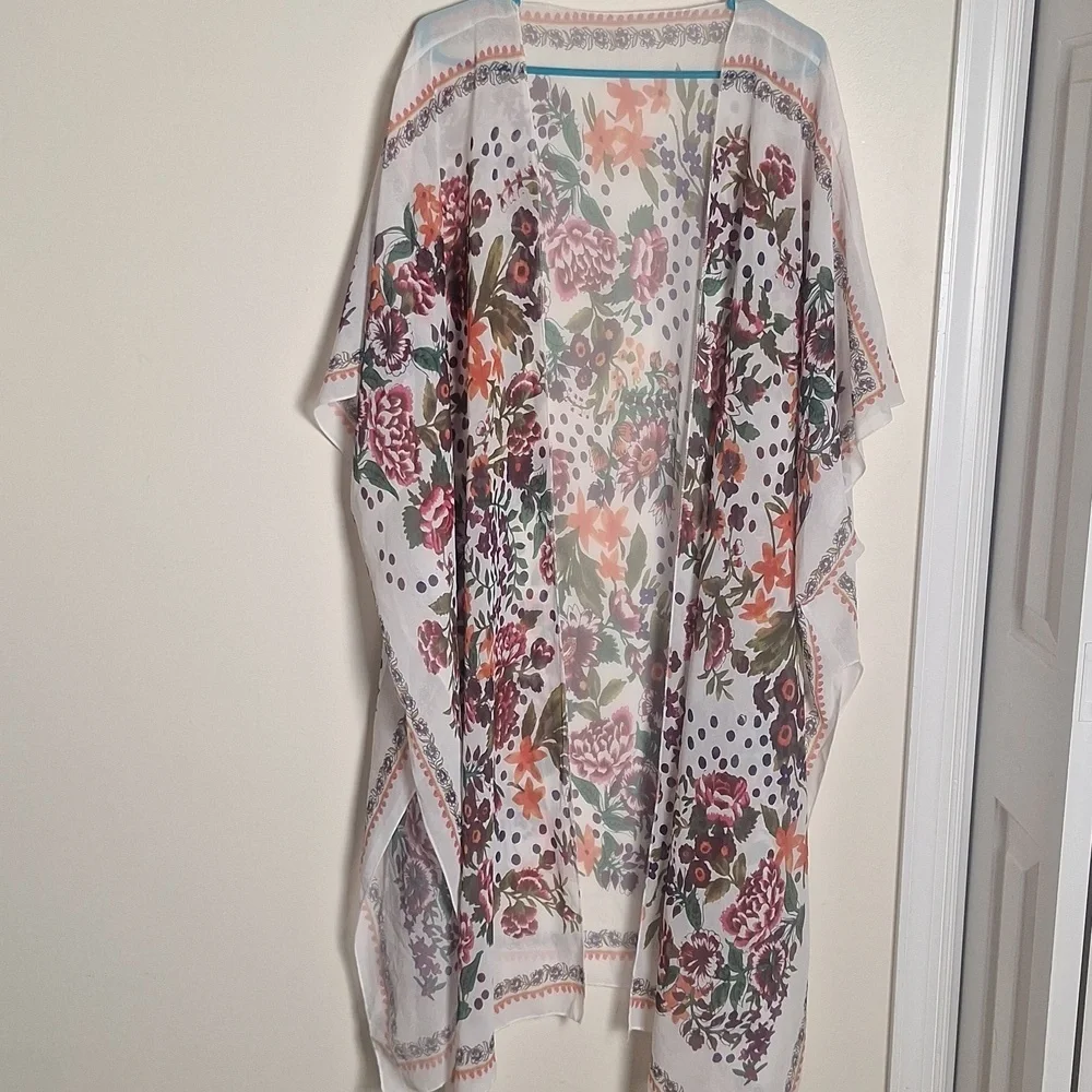 Cupshe White Floral Print Midi Side Slip Chiffon Cover Up Cardigan Kimono - Picture 5 of 7